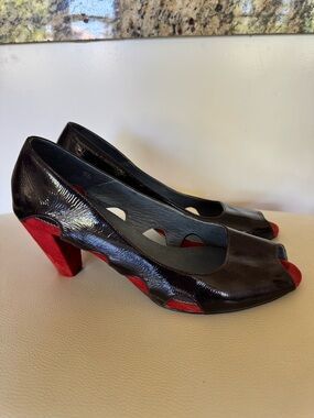 Women's Black Patent and Red Suede Peep-Toe Heels